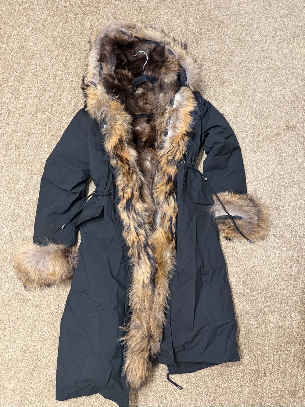 Black Parka Coat with Faux Fur Trim - Women's Winter Jacket